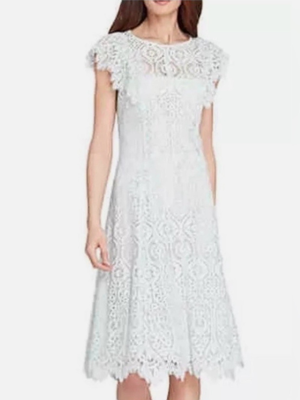 TAHARI Arthur S. Levine Soft Mint Green Scalloped Lace Illusion Yoke Dress 12P - Picture 4 of 6